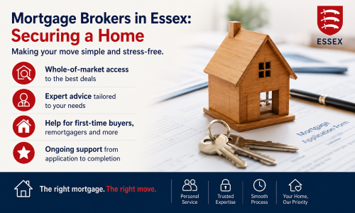 “Why Move to Essex mortgage brokers guide showing a wooden house model, keys, and mortgage paperwork, highlighting whole-of-market access, tailored advice, support for first-time buyers and remortgagers, and ongoing help from application to completion.”