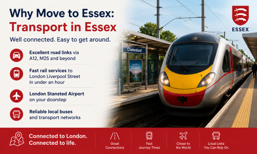 “Why Move to Essex transport guide showing a train at Chelmsford station, highlighting Essex road links via the A12 and M25, fast rail services to London Liverpool Street, London Stansted Airport access, and reliable local bus networks.”