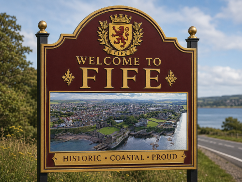 Why Move to Fife road sign featuring county-style burgundy and gold colouring, the Fife crest, and an aerial coastal view of historic St Andrews with castle ruins, shoreline, and town buildings.