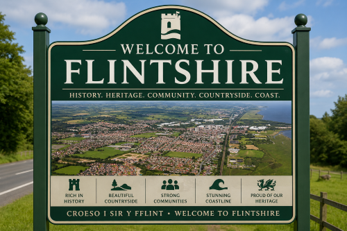 “Why Move to Flintshire” welcome sign featuring a large roadside welcome display for Flintshire, showcasing an aerial view of the county’s towns, coastline, countryside, and communities. The sign highlights Flintshire’s rich history, heritage landmarks, scenic landscapes, strong local communities, and coastal attractions, with bilingual Welsh and English text welcoming visitors to the county.