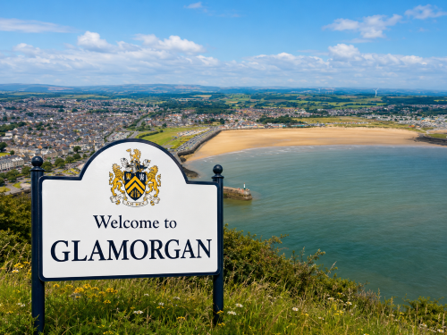 Welcome to Glamorgan road sign with a crest, overlooking a sandy coastline, bay, seaside town, green countryside, and South Wales landscape. Why Move to Glamorgan