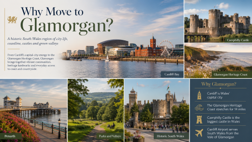 A Glamorgan promotional collage titled “Why Move to Glamorgan?”, featuring Cardiff Bay, Caerphilly Castle, the Glamorgan Heritage Coast, Penarth Pier, green valleys and historic South Wales landmarks, with key facts about the region’s coast, capital-city access, castles and Cardiff Airport. Why Move to Glamorgan