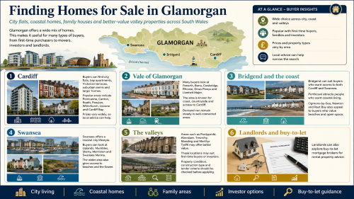 A wide infographic titled “Finding Homes for Sale in Glamorgan”, with a map of the region and panels for Cardiff, the Vale of Glamorgan, Bridgend and the coast, Swansea, the valleys, and landlords and buy-to-let. It highlights different home types and buyer options, including city flats, coastal homes, family areas, better-value valley properties, investor opportunities and rental property advice. Why Move to Glamorgan