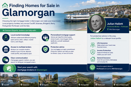 A professional Glamorgan mortgage broker marketing banner titled “Finding Homes for Sale in Glamorgan”, featuring a coastal property backdrop, key mortgage support points, location tiles for Cardiff, Swansea, Bridgend, Barry, Pontypridd, Porthcawl and the Vale of Glamorgan, plus a profile card labelled Julian Hallett, Protection Broker in Porthcawl. Why Move to Glamorgan