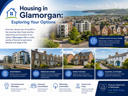 Branded housing in Glamorgan illustration showing city apartments, terraced homes, family houses, and coastal cottages, with Cardiff-style urban areas, the Vale coast, green communities, and South Wales scenery. Why Move to Glamorgan