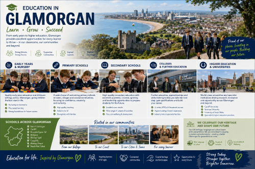 Branded education in Glamorgan illustration showing early years, primary schools, secondary schools, colleges, and universities, with Cardiff-style skyline, coastline, castle heritage, students, classrooms, and South Wales communities. Why Move to Glamorgan