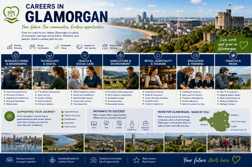 Branded careers in Glamorgan illustration showing employment sectors including manufacturing, technology, healthcare, agriculture, tourism, education, and creative media, with Cardiff Bay, the Vale coast, valleys, castles, and South Wales communities in the background. Why Move to Glamorgan