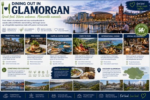 Branded dining out in Glamorgan illustration showing Cardiff Bay restaurants, traditional pubs, cafés, Welsh local produce, seafood, fine dining, special occasions, and South Wales coastal and valley scenery. Why Move to Glamorgan