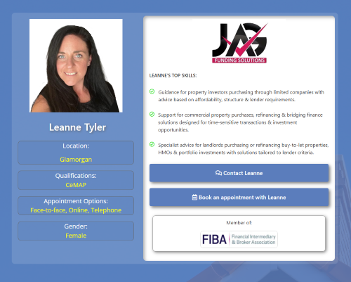 Branded mortgage broker profile card for Leanne Tyler in Glamorgan, showing her headshot, CeMAP qualification, appointment options, top mortgage skills, contact buttons, and FIBA membership details. Why Move to Glamorgan