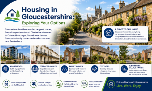 Housing in Gloucestershire graphic showing Cotswold cottages, Cheltenham terraces, Gloucester apartments, family homes, modern estates and village housing options. Why Move to Gloucestershire
