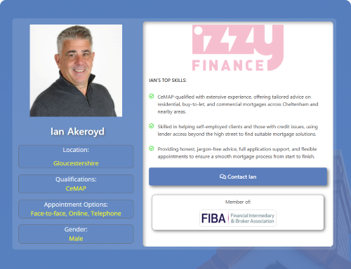 Mortgage broker profile card for Ian Akeroyd in Gloucestershire, showing his headshot, CeMAP qualification, appointment options and top mortgage advice skills. Why Move to Gloucestershire