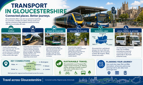 Transport in Gloucestershire graphic showing road, rail, bus, walking, cycling, regional links, local access, Gloucester station, the M5, Gloucester Cathedral and county travel connections. Why Move to Gloucestershire