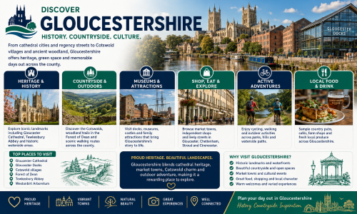 Discover Gloucestershire graphic showing Gloucester Cathedral, Gloucester Docks, Cotswold countryside, the Forest of Dean, market towns, cycling routes, local food and top visitor attractions. Why Move to Gloucestershire