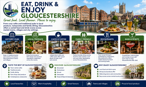 Eat, Drink and Enjoy Gloucestershire graphic showing historic pubs, local produce, cafés, family dining, restaurants and bars, with Gloucester Docks, Gloucester Cathedral and Cotswold village scenes in the background. Why Move to Gloucestershire