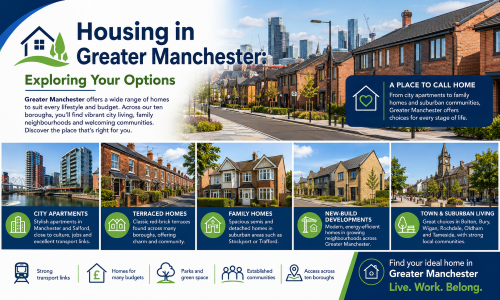 Housing in Greater Manchester graphic showing city apartments, red-brick terraces, family homes, new-build developments and suburban living across the ten boroughs. Why Move to Greater Manchester