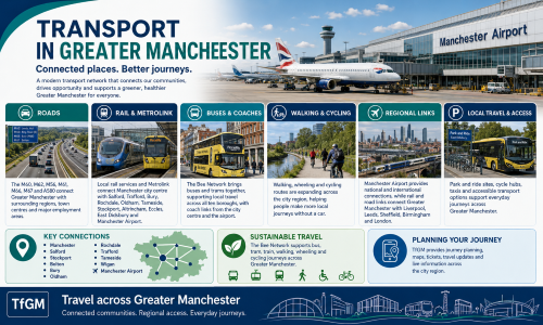 Transport in Greater Manchester graphic showing Manchester Airport, roads, rail and Metrolink, Bee Network buses, walking and cycling routes, regional links, park and ride, and key connections across the ten boroughs.