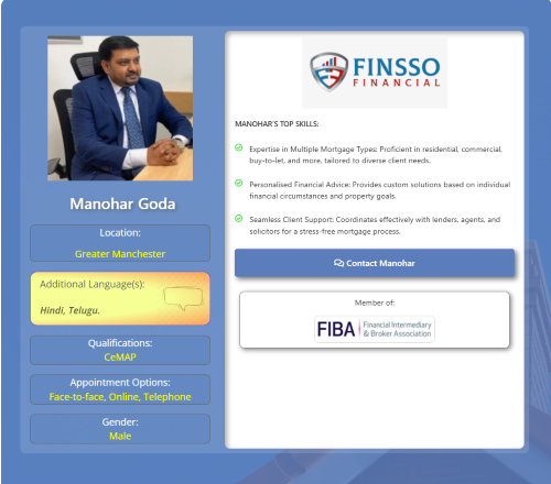 Mortgage adviser profile for Manohar Goda in Greater Manchester, showing his photo, skills, languages, CeMAP qualification, appointment options and FinSSO Financial branding. Why Move to Greater Manchester
