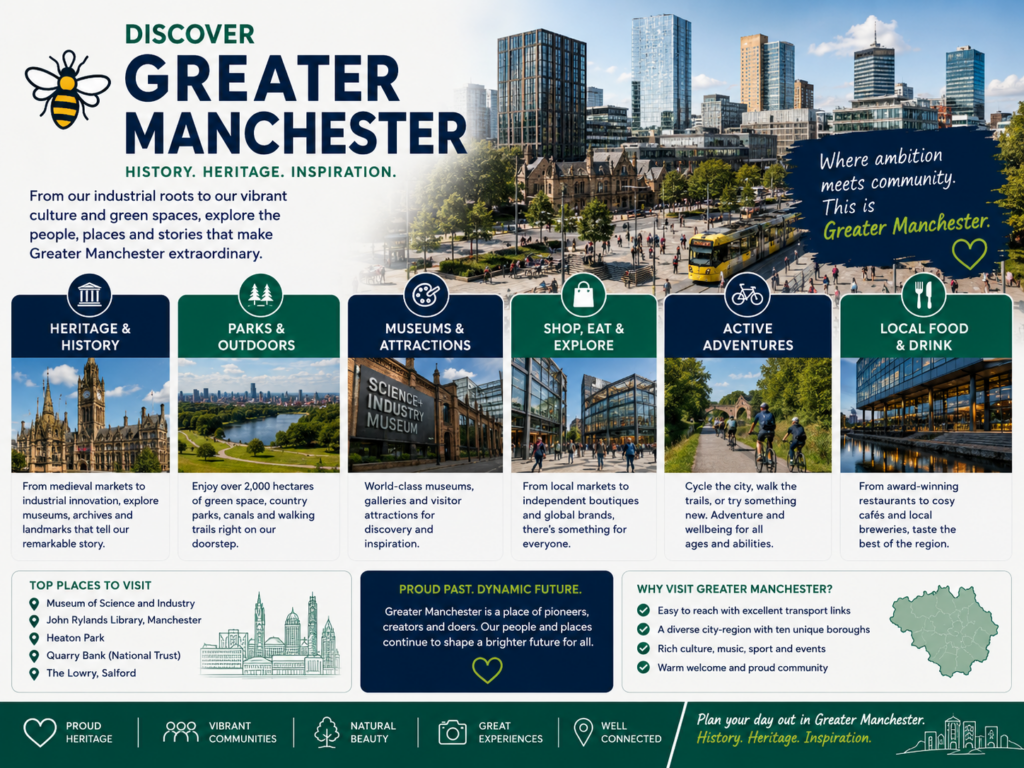 Discover Greater Manchester tourism graphic showing heritage landmarks, parks, museums, shopping, cycling, local food, Manchester city centre, Heaton Park, Science and Industry Museum and The Lowry. Why Move to Greater Manchester
