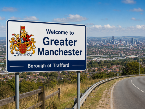 Clean Welcome to Greater Manchester road sign with the borough crest and “Borough of Trafford” text, overlooking a suburban hillside road and the Manchester skyline under a blue sky. Why Move to Greater Manchester