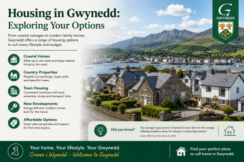 “Why Move to Gwynedd housing guide showcasing housing options in Gwynedd, including coastal homes, country properties, town housing, new developments and affordable homes, set against the backdrop of Snowdonia and the North Wales coastline, highlighting the variety of properties available for buyers and families seeking a home in Gwynedd.”