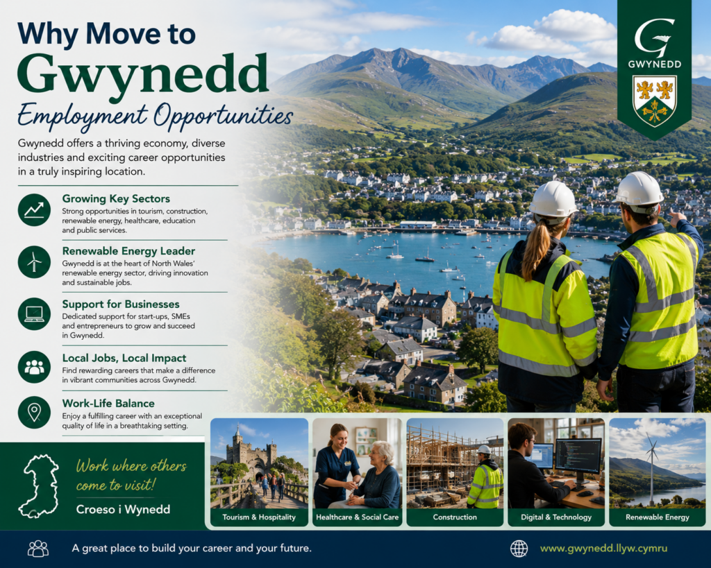 “Why Move to Gwynedd employment opportunities guide showcasing careers in Gwynedd, with coastal towns and mountain scenery, highlighting growing sectors such as tourism, construction, renewable energy, healthcare, education, public services, digital technology, local business support and work-life balance.”