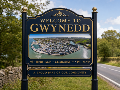 Welcome to Gwynedd road sign featuring gold lettering and a coastal aerial view with harbour, castle walls, water, and mountains. Why Move to Gwynedd