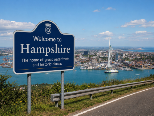 Blue “Welcome to Hampshire” road sign overlooking Portsmouth Harbour, the Spinnaker Tower, waterfront buildings, ferries and the Solent under a bright blue sky. Why Move to Hampshire
