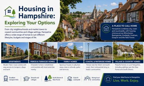 Housing in Hampshire graphic showing apartments, period terraces, family homes, coastal properties and village homes, with Winchester streets, local amenities, transport links and green spaces. Why Move to Hampshire