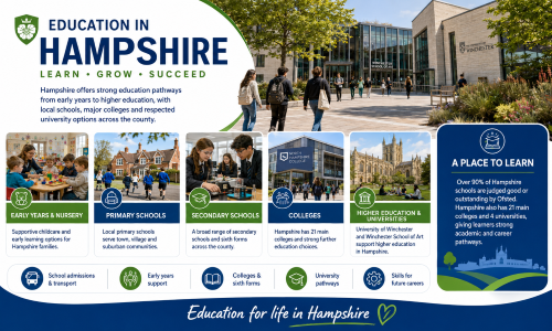Education in Hampshire graphic showing early years, primary schools, secondary schools, colleges and universities, with Winchester School of Art, the University of Winchester, students and learning icons. Why Move to Hampshire
