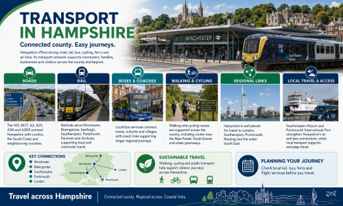Transport in Hampshire graphic showing road, rail, bus, walking, cycling, airport and ferry links, with Winchester station, the M3, Portsmouth Harbour and key connections across the county. Why Move to Hampshire