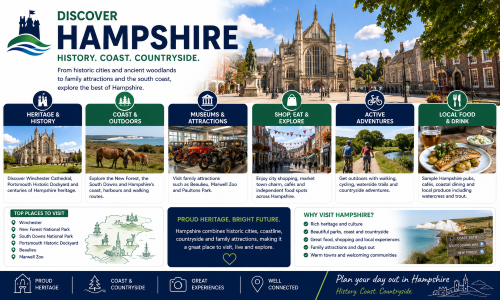 Discover Hampshire graphic showing Winchester Cathedral, the New Forest, South Downs, Portsmouth Historic Dockyard, Beaulieu, Marwell Zoo, local food, shopping, cycling and coastal countryside. Why Move to Hampshire