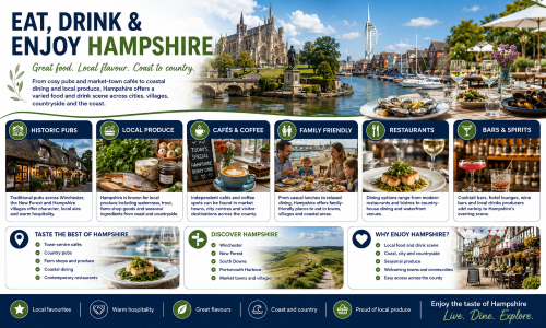 Eat, Drink and Enjoy Hampshire graphic showing historic pubs, local produce, cafés, family dining, restaurants and bars, with Winchester Cathedral, Portsmouth Harbour, coastal dining, market-town food scenes and Hampshire countryside. Why Move to Hampshire