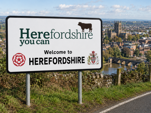 Herefordshire welcome sign beside a country road, with Hereford city, the cathedral, river and bridge visible in the background. Why Move to Herefordshire