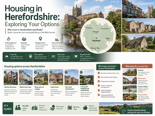 Infographic titled “Housing in Herefordshire: Exploring Your Options”, showing Hereford Cathedral, countryside views, a county map highlighting Hereford, Kington, Leominster, Bromyard, Ledbury and Ross-on-Wye, and housing options across the area. The graphic highlights Hereford city homes, market town living, village cottages, family homes, new-build developments and rural smallholdings, with key reasons to move including space, countryside access, community feel, heritage towns, local food culture and links to Wales, the Midlands and the South West. Why Move to Hereforshire