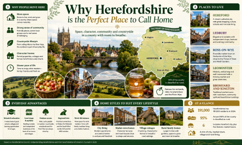 Infographic titled “Why Herefordshire is the Perfect Place to Call Home”, featuring Hereford Cathedral, the River Wye, orchards, cider, countryside views, market town streets and a map highlighting Hereford, Ledbury, Ross-on-Wye, Leominster, Bromyard and Kington. The graphic explains why people move to Herefordshire, including more space, strong community feel, countryside lifestyle, character homes, schools, local shops, outdoor access, regional links and a slower pace of life. Why Move to Hereforshire