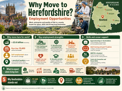 Infographic titled “Why Move to Herefordshire? Employment Opportunities”, featuring Hereford Cathedral, countryside views, workplace scenes and a map highlighting Hereford, Leominster, Ledbury, Ross-on-Wye, Bromyard and Kington. The graphic explains Herefordshire’s employment strengths, including agriculture, food and farming, manufacturing and engineering, tourism and hospitality, health and care, education, apprenticeships, small businesses, self-employment, NMITE and local skills support. Why Move to Hereforshire