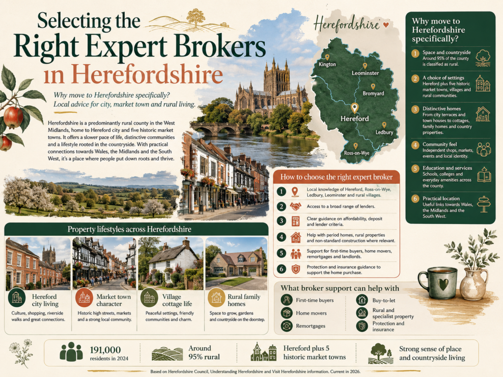 Infographic titled “Selecting the Right Expert Brokers in Herefordshire”, featuring Hereford Cathedral, countryside views, orchards, market town streets and a map highlighting Hereford, Leominster, Ledbury, Ross-on-Wye, Bromyard and Kington. The graphic explains why people move to Herefordshire, including rural space, characterful towns, distinctive homes, community feel, local services and practical access to Wales, the Midlands and the South West, while highlighting how expert brokers can support first-time buyers, home movers, remortgages, buy-to-let, rural properties and protection advice. Why Move to Hereforshire