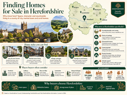 Infographic titled “Finding Homes for Sale in Herefordshire”, featuring Hereford Cathedral, countryside views, village cottages and a map highlighting Hereford, Leominster, Ledbury, Ross-on-Wye, Bromyard and Kington. The graphic shows home styles including city and town homes, market town living, village cottages and rural family homes, while explaining why buyers choose Herefordshire for its rural character, distinctive properties, community feel, practical regional links, orchards, walking routes and countryside lifestyle. Why Move to Hereforshire