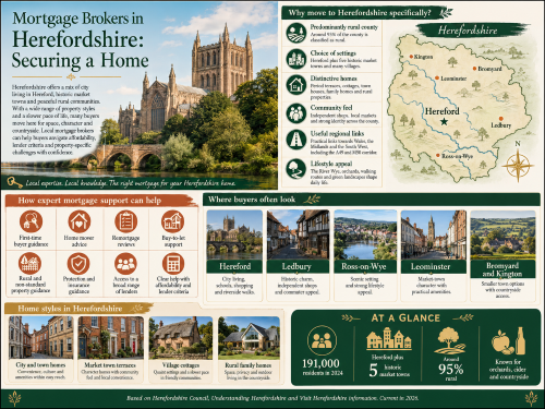Infographic titled “Mortgage Brokers in Herefordshire: Securing a Home”, featuring Hereford Cathedral, the River Wye, countryside scenes, home styles and a map highlighting Hereford, Leominster, Ledbury, Ross-on-Wye, Bromyard and Kington. The graphic explains why buyers move to Herefordshire, including rural space, market town living, distinctive homes, community feel, regional links, orchards and walking routes, while showing how mortgage brokers can support first-time buyers, home movers, remortgages, buy-to-let, rural properties, affordability checks and protection advice. Why Move to Hereforshire