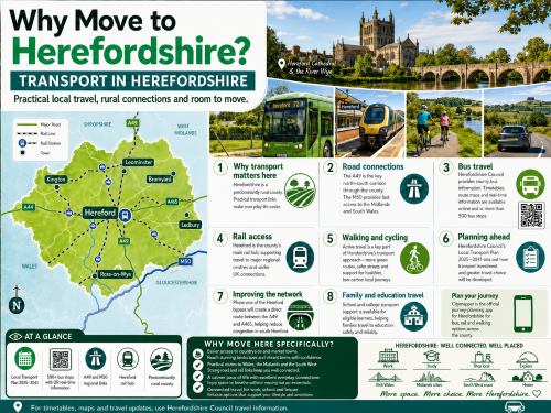 Infographic titled “Why Move to Herefordshire? Transport in Herefordshire”, featuring Hereford Cathedral, the River Wye, buses, trains, cycling routes, countryside roads and a county map highlighting Hereford, Leominster, Ledbury, Ross-on-Wye, Bromyard and Kington. The graphic explains local travel options, including road links via the A49 and M50, bus services, rail access from Hereford, walking and cycling routes, school and college transport, and Herefordshire’s Local Transport Plan for future travel improvements. Why Move to Hereforshire