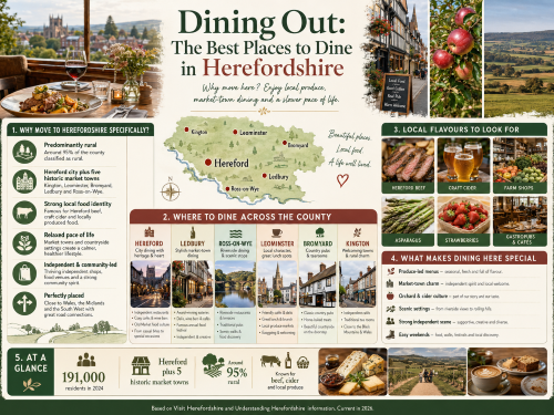 Infographic titled “Dining Out: The Best Places to Dine in Herefordshire”, featuring restaurant dining, Hereford Cathedral, market town streets, orchards, countryside views and a map highlighting Hereford, Leominster, Ledbury, Ross-on-Wye, Bromyard and Kington. The graphic showcases Herefordshire’s local food scene, including Hereford beef, craft cider, farm shops, asparagus, strawberries, gastropubs, cafés, independent restaurants, riverside dining and market town hospitality. Why Move to Hereforshire