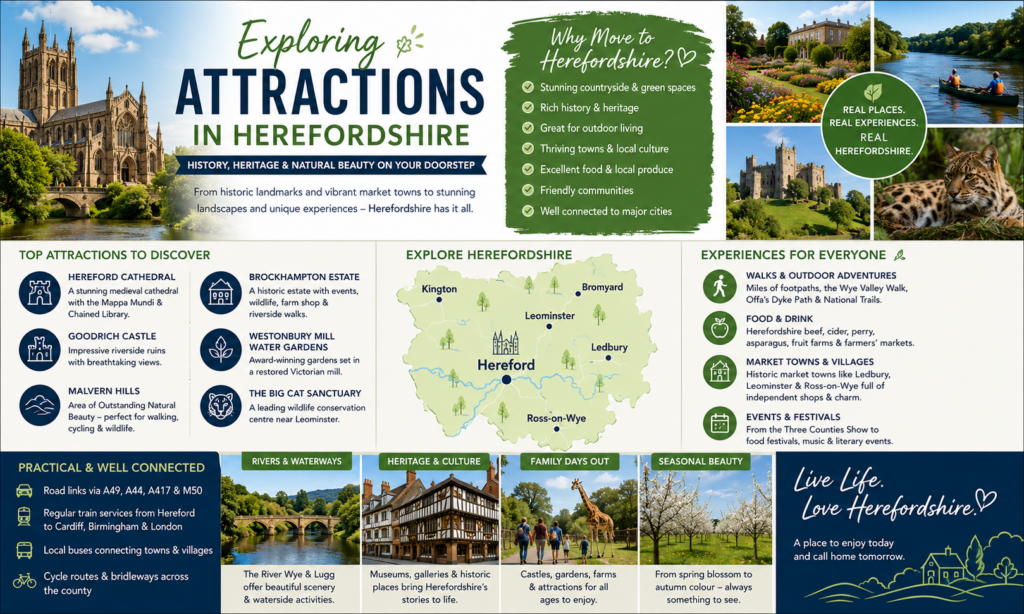 Infographic titled “Exploring Attractions in Herefordshire”, featuring Hereford Cathedral, Goodrich Castle, Brockhampton Estate, Westonbury Mill Water Gardens, the River Wye, Malvern Hills, market towns, wildlife attractions and countryside scenes. The graphic includes a county map highlighting Hereford, Kington, Leominster, Bromyard, Ledbury and Ross-on-Wye, with reasons to move to Herefordshire such as heritage, outdoor living, local food and drink, friendly communities, green spaces and transport links. Why Move to Hereforshire