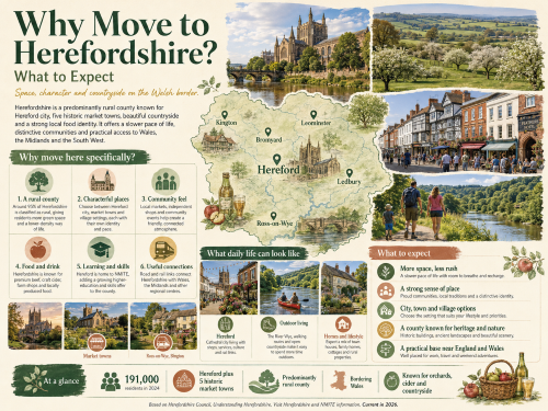 Infographic titled “Why Move to Herefordshire? What to Expect”, featuring Hereford Cathedral, countryside landscapes, orchards, market towns, walking routes by the River Wye and a map highlighting Hereford, Leominster, Ledbury, Ross-on-Wye, Bromyard and Kington. The graphic explains Herefordshire’s rural character, community feel, local food and drink, learning opportunities, transport connections, heritage, nature and slower pace of life near the Welsh border. Why Move to Hereforshire
