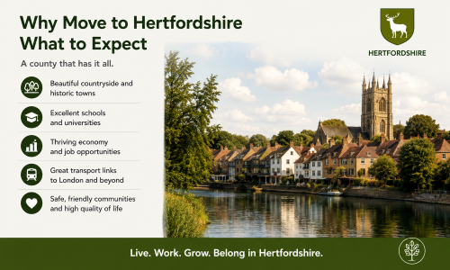 “Why Move to Hertfordshire – What to Expect” infographic highlighting the benefits of living in Hertfordshire, including beautiful countryside, historic market towns, excellent schools and universities, strong employment opportunities, fast transport links to London, and safe, welcoming communities. The design features the Hertfordshire county crest and a scenic riverside town with a historic church, showcasing the county’s high quality of life and attractive living environment.