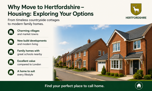 “Why Move to Hertfordshire – Housing: Exploring Your Options” infographic highlighting the range of housing available in Hertfordshire, from charming villages and market towns to modern new-build developments. The image features attractive family homes, information on excellent local schools, strong value compared with London, and housing choices to suit different lifestyles. The Hertfordshire county crest and contemporary green-and-gold branding reinforce the county’s appeal as a desirable place to live.”