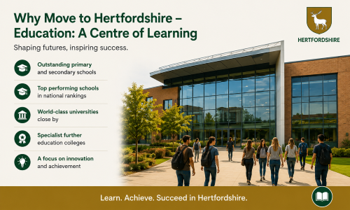 “Why Move to Hertfordshire – Education: A Centre of Learning” infographic highlighting Hertfordshire’s strong education sector, featuring outstanding primary and secondary schools, high-performing academies, specialist further education colleges, and access to respected universities nearby. The image shows students walking across a modern educational campus, alongside the Hertfordshire county crest and green-and-gold branding, showcasing the county’s commitment to academic achievement, innovation, and future career success.”