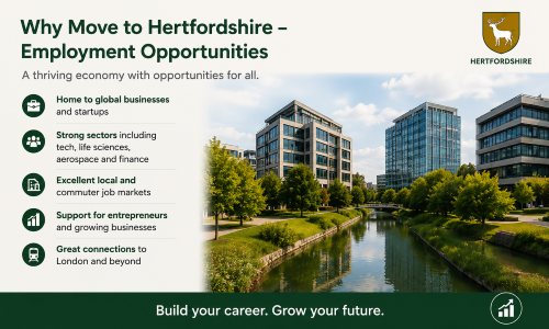 “Why Move to Hertfordshire – Employment Opportunities” infographic highlighting Hertfordshire’s thriving economy and strong job market. The image features modern business offices set alongside landscaped waterways and outlines key benefits including global businesses and start-ups, leading sectors such as technology, life sciences, aerospace and finance, excellent local and commuter employment opportunities, support for entrepreneurs, and strong transport connections to London and beyond. The Hertfordshire county crest and green-and-gold branding reinforce the county’s reputation as an attractive place to build a career and grow a business.”