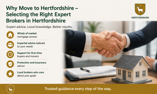 “Why Move to Hertfordshire – Selecting the Right Expert Brokers in Hertfordshire” infographic highlighting the benefits of working with experienced local mortgage brokers. The image features a professional handshake beside a model home, representing trusted guidance throughout the home-buying journey. Key themes include whole-of-market mortgage access, impartial advice tailored to individual needs, support for first-time buyers and home movers, protection and insurance advice, and the value of local expertise. The Hertfordshire county crest and green-and-gold branding reinforce the county’s strong property market and commitment to helping buyers achieve their homeownership goals.”