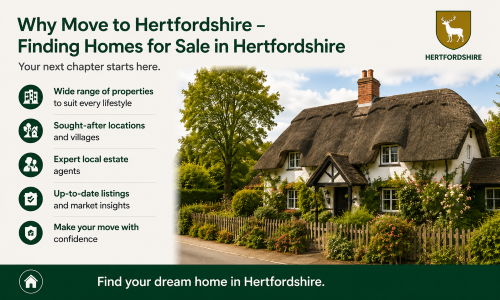 “Why Move to Hertfordshire – Finding Homes for Sale in Hertfordshire” infographic highlighting the county’s diverse property market, featuring a picturesque Hertfordshire cottage surrounded by mature gardens and countryside scenery. The image showcases key benefits including a wide range of homes to suit different lifestyles, sought-after towns and villages, expert local estate agents, up-to-date property listings, and valuable market insights. The Hertfordshire county crest and green-and-gold branding emphasise the county’s appeal for homebuyers seeking character properties, family homes, and attractive locations within easy reach of London.”