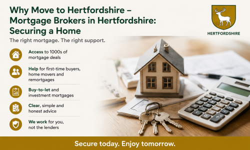 “Why Move to Hertfordshire – Mortgage Brokers in Hertfordshire: Securing a Home” infographic highlighting the role of expert mortgage brokers in helping buyers secure property in Hertfordshire. The image features a model house, house keys, financial documents, and a calculator, representing the home-buying and mortgage process. Key benefits include access to a wide range of mortgage deals, support for first-time buyers and home movers, buy-to-let and investment mortgage solutions, clear and honest advice, and guidance tailored to individual circumstances. The Hertfordshire county crest and green-and-gold branding reinforce the county’s strong housing market and the value of professional mortgage advice when purchasing a home.”